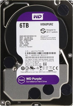 Western Digital WD Purple HDD SATA - III WD60PURZ Жесткий диск , 6ТБ, 3.5, IntelliPower, 64Мб buffer (DV - Digital Video)
